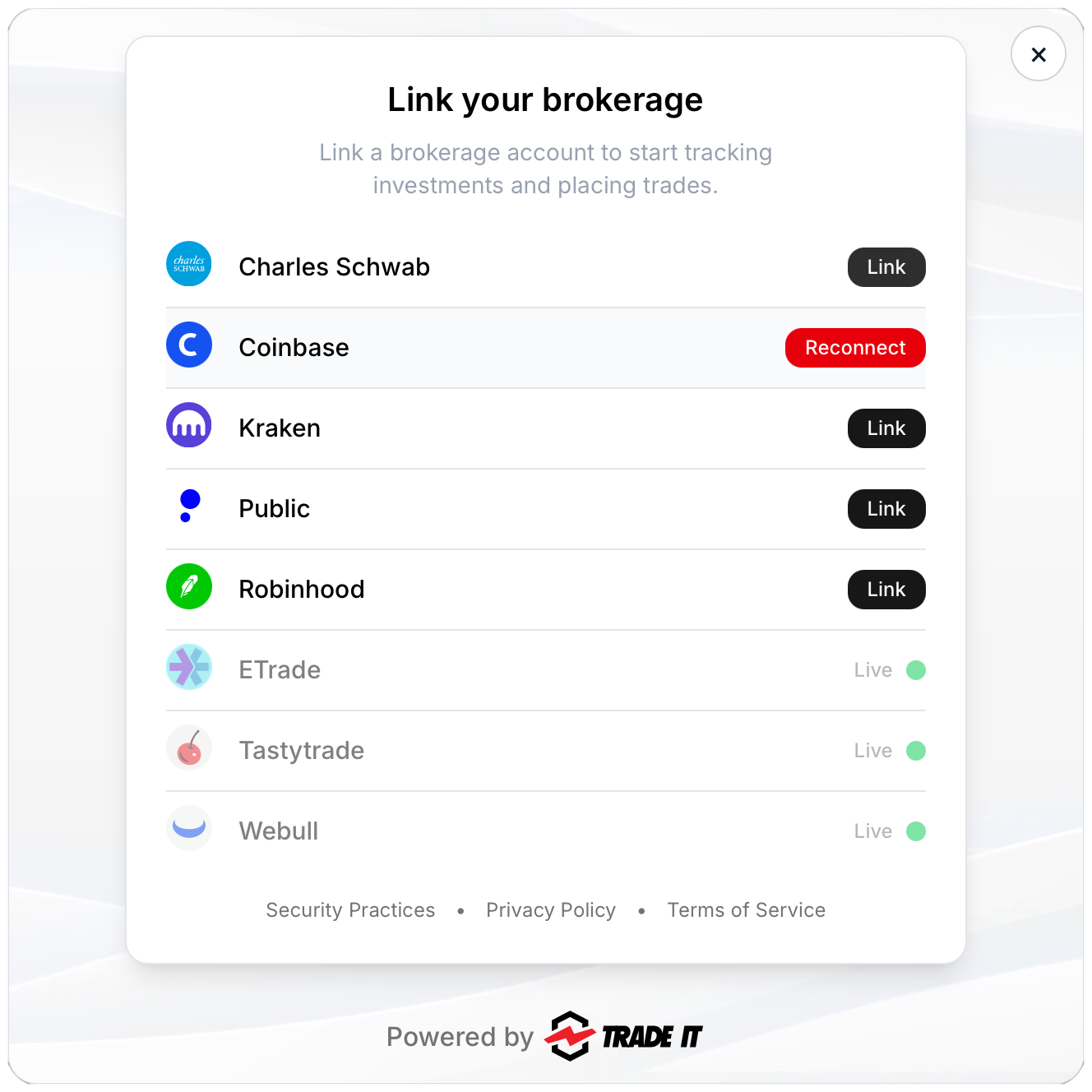Brokerage selection screen inside the Trade It connect modal