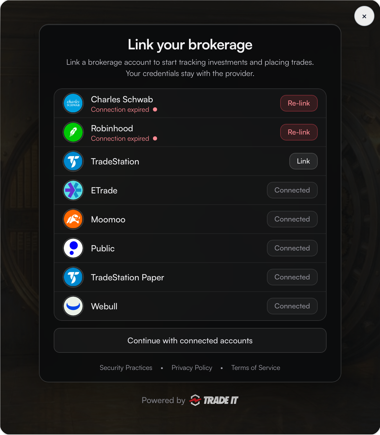 Brokerage picker showing existing and expired connections.
