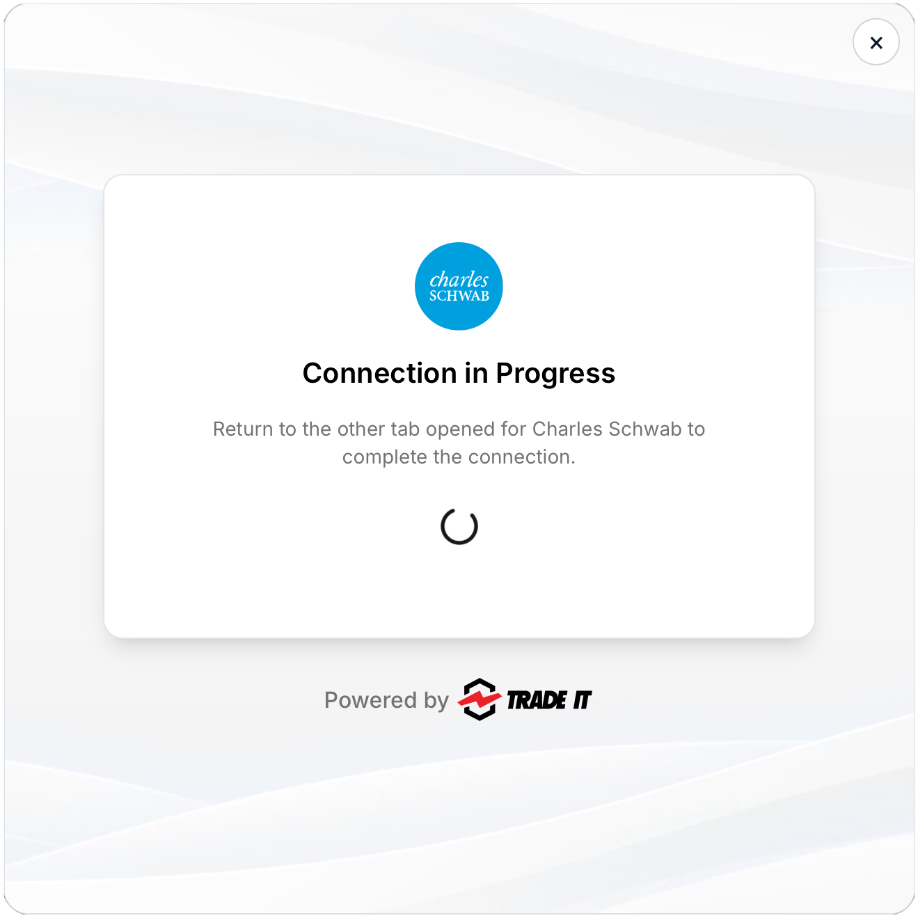 Connection in progress state in the Trade It connect modal