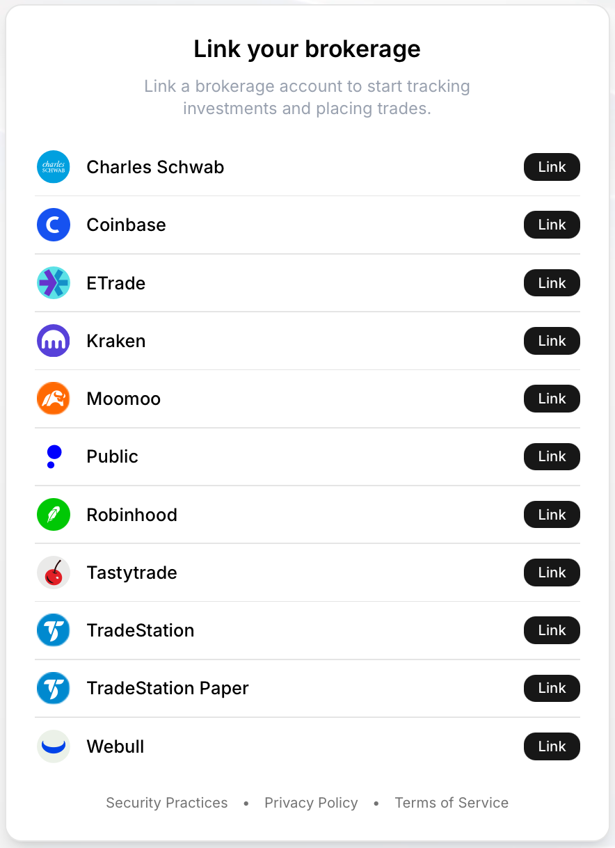 Trade It's brokerage connection screen