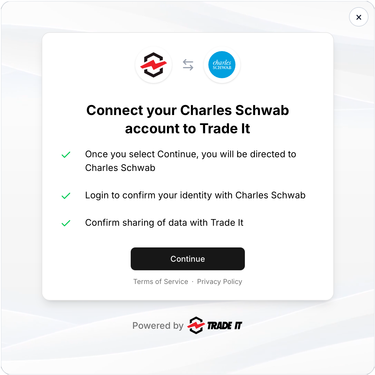 Start connection step in the Trade It connect modal