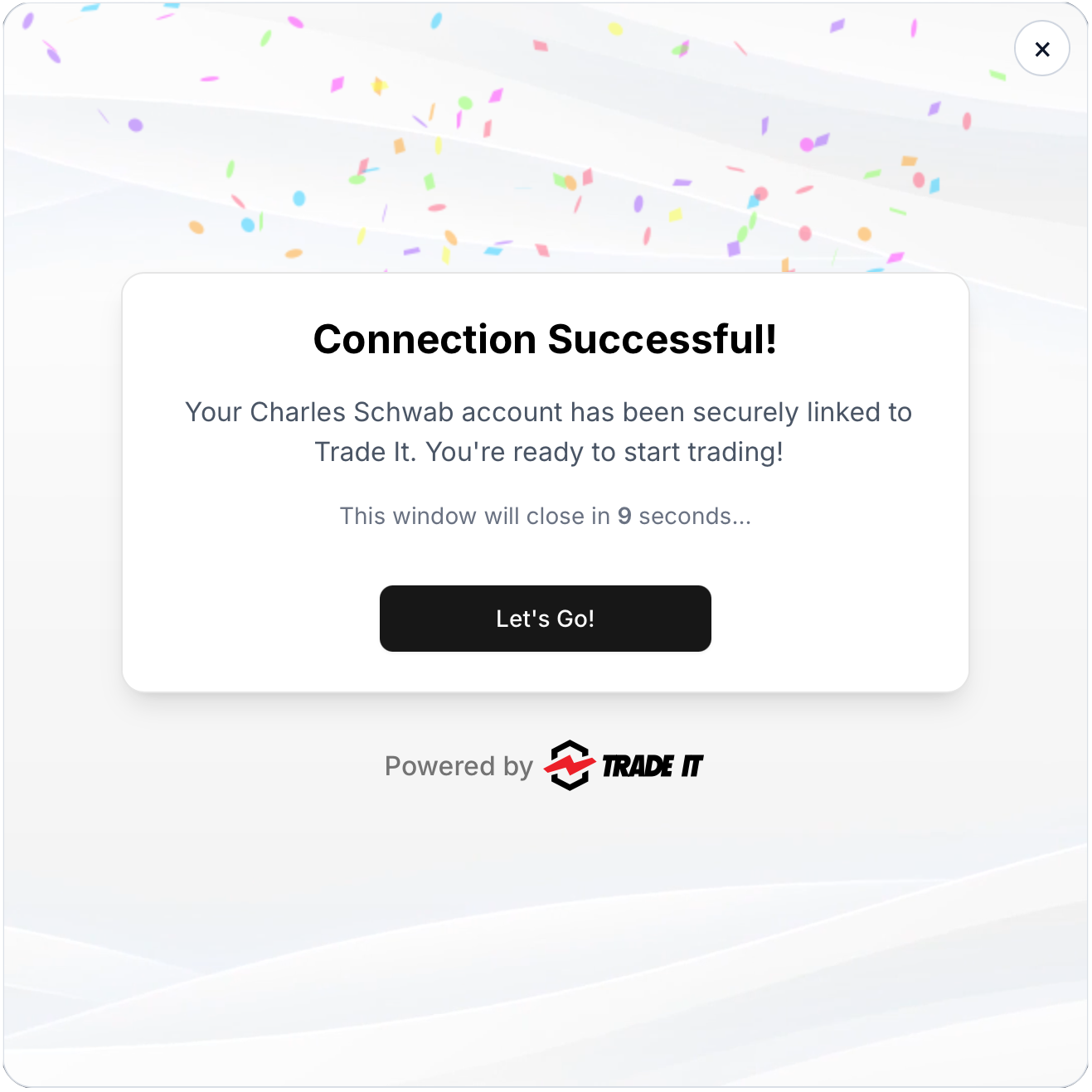 Successful brokerage connection confirmation screen