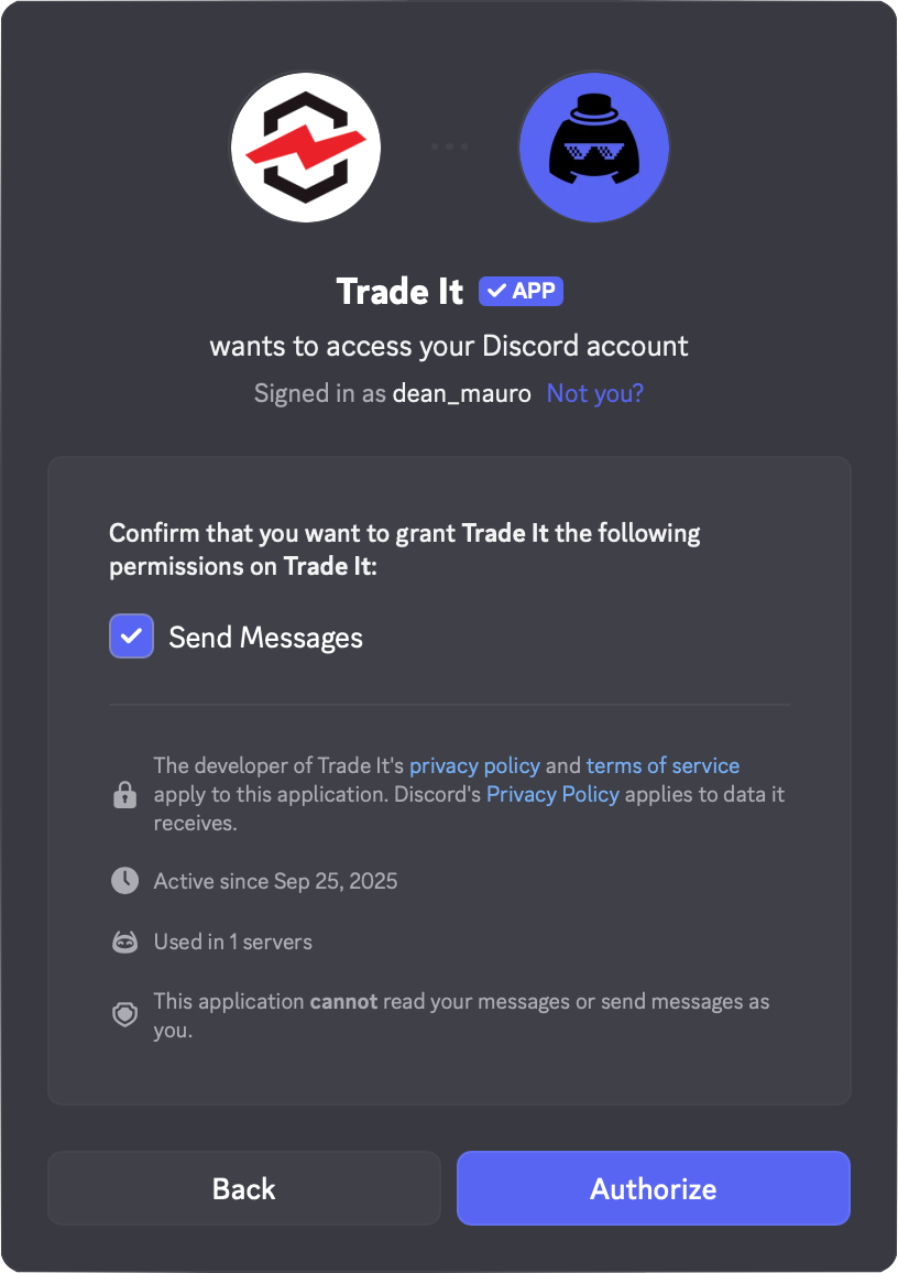 Discord bot authorization screen