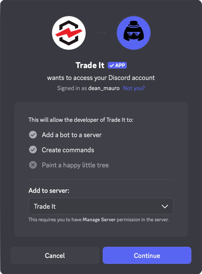 Discord bot installation screen