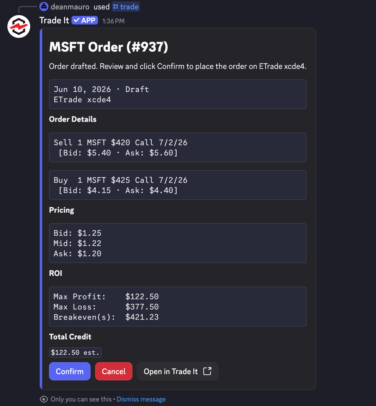 Trade It Discord bot draft trade review card