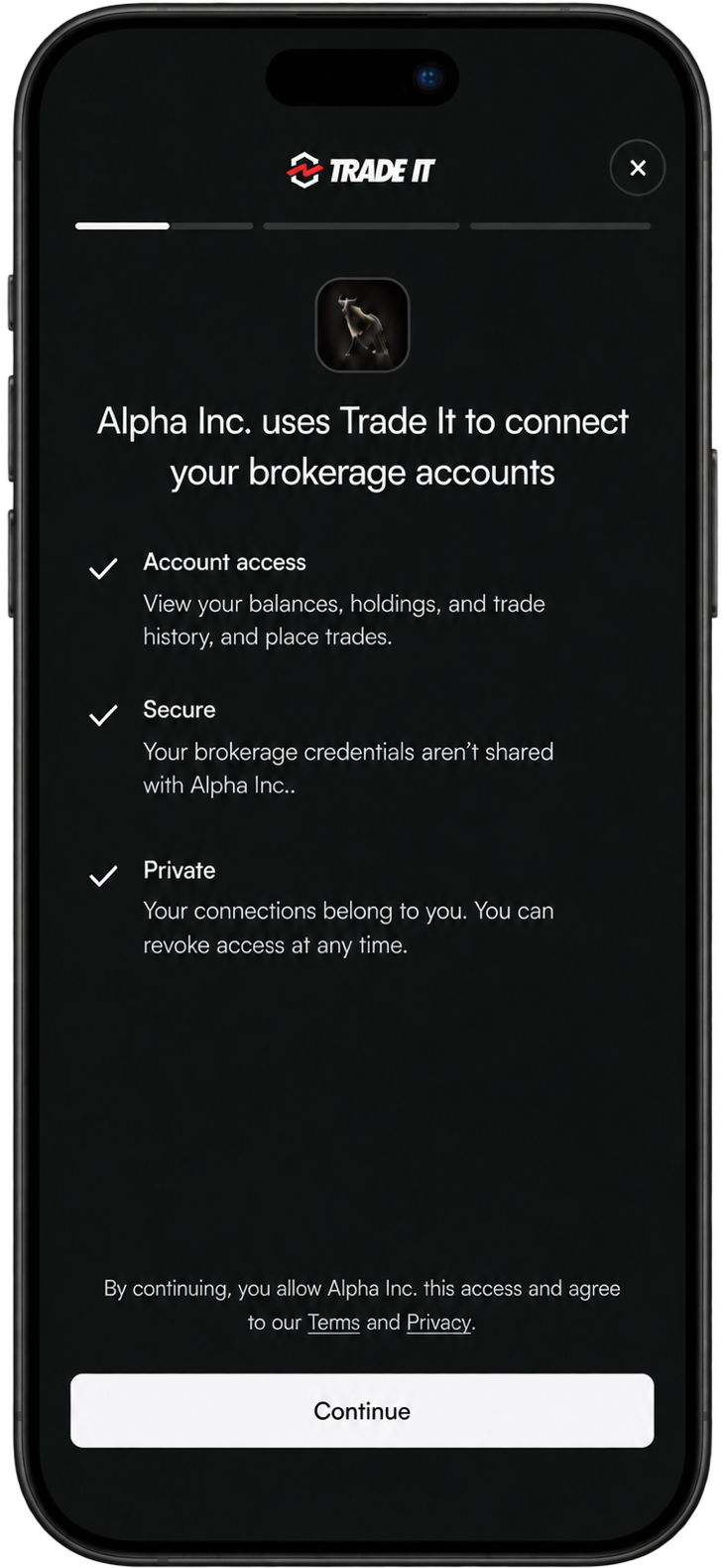 Your app’s access, security, privacy, and Continue button.