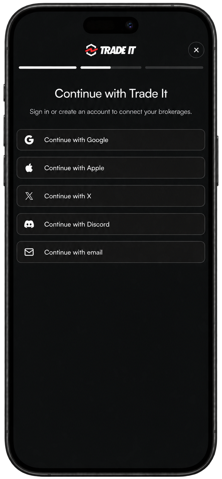 Sign-in choices for Google, Apple, X, Discord, and email.