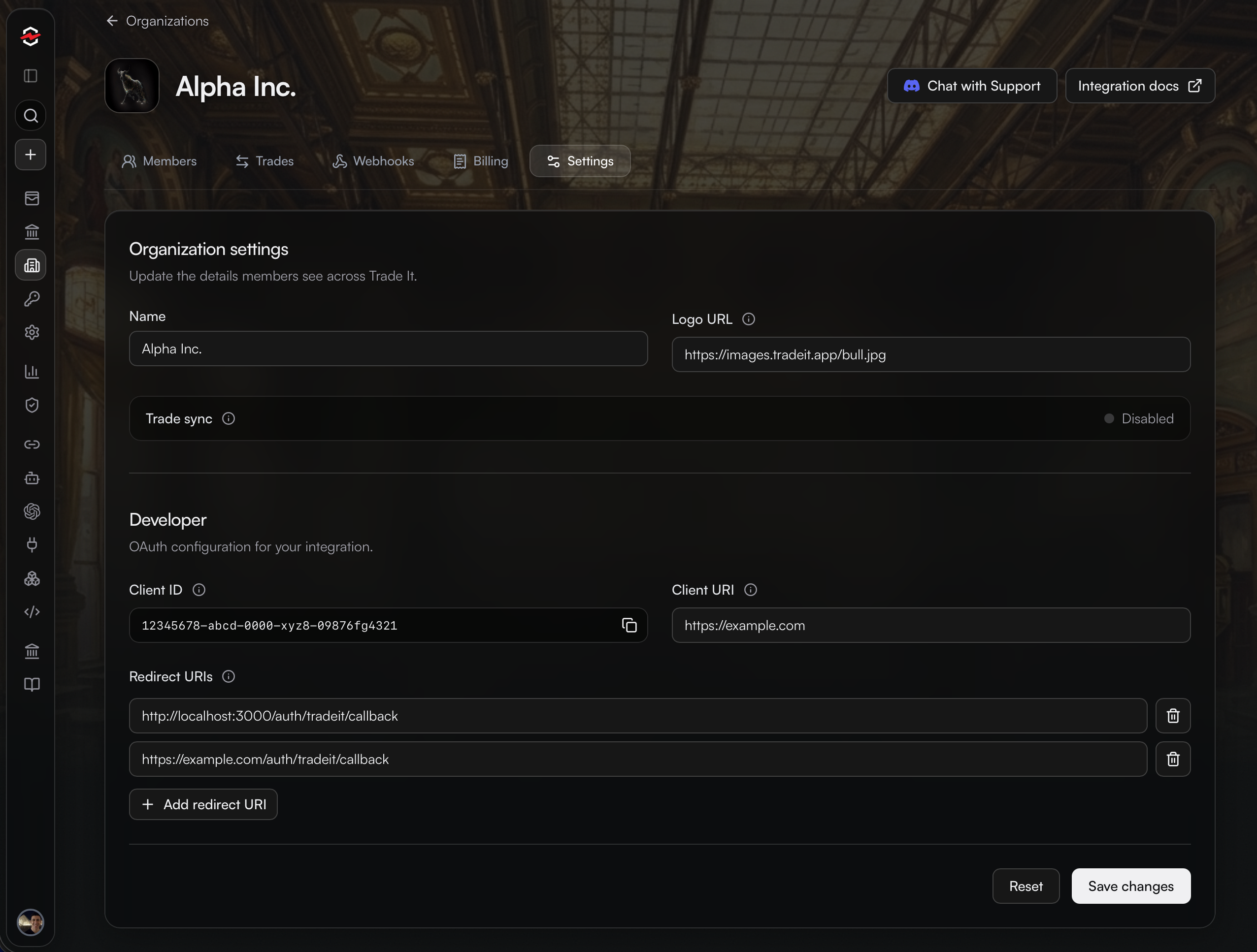 Partner portal settings screen