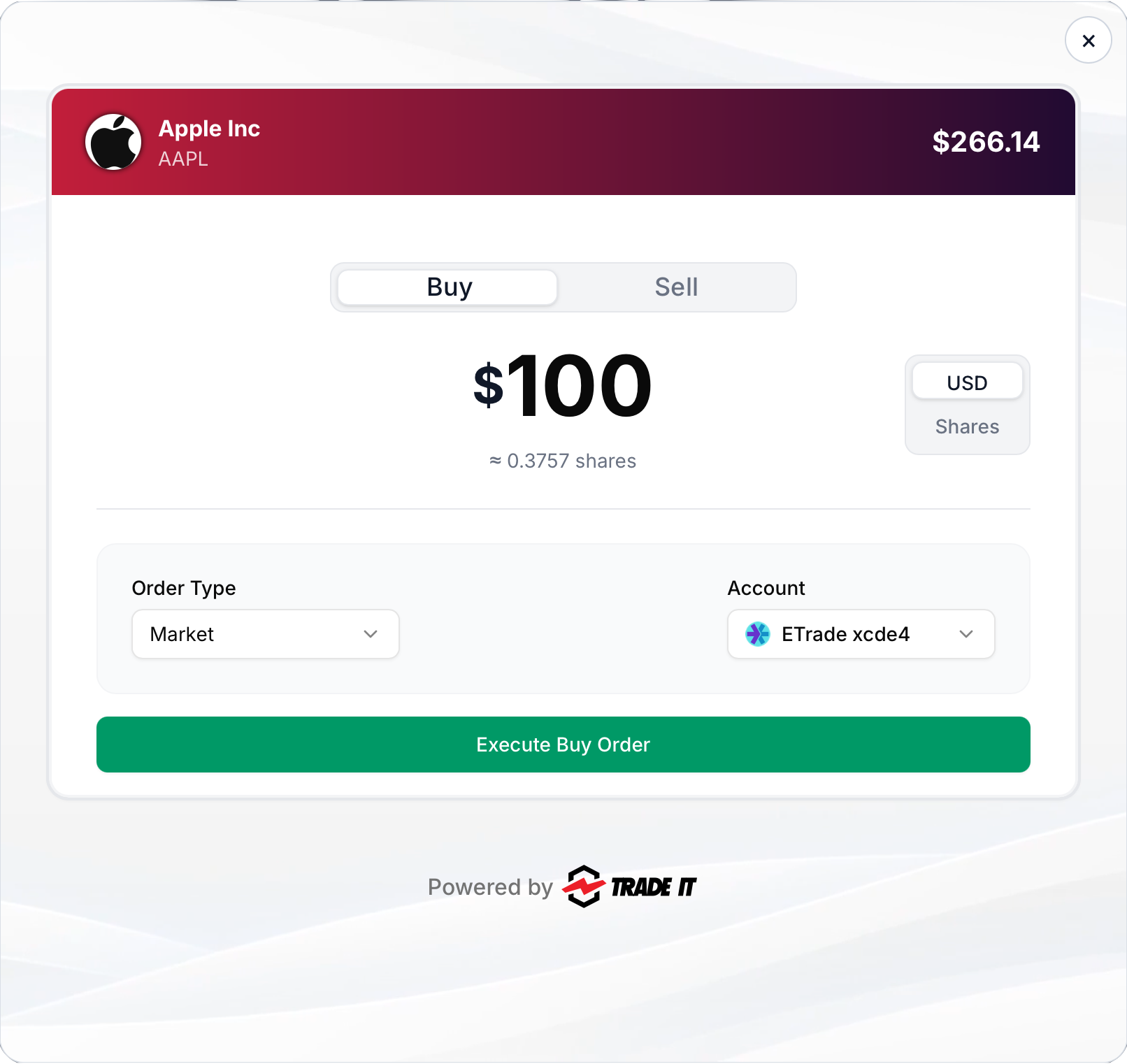 Buy order screen inside the Trade It trade modal
