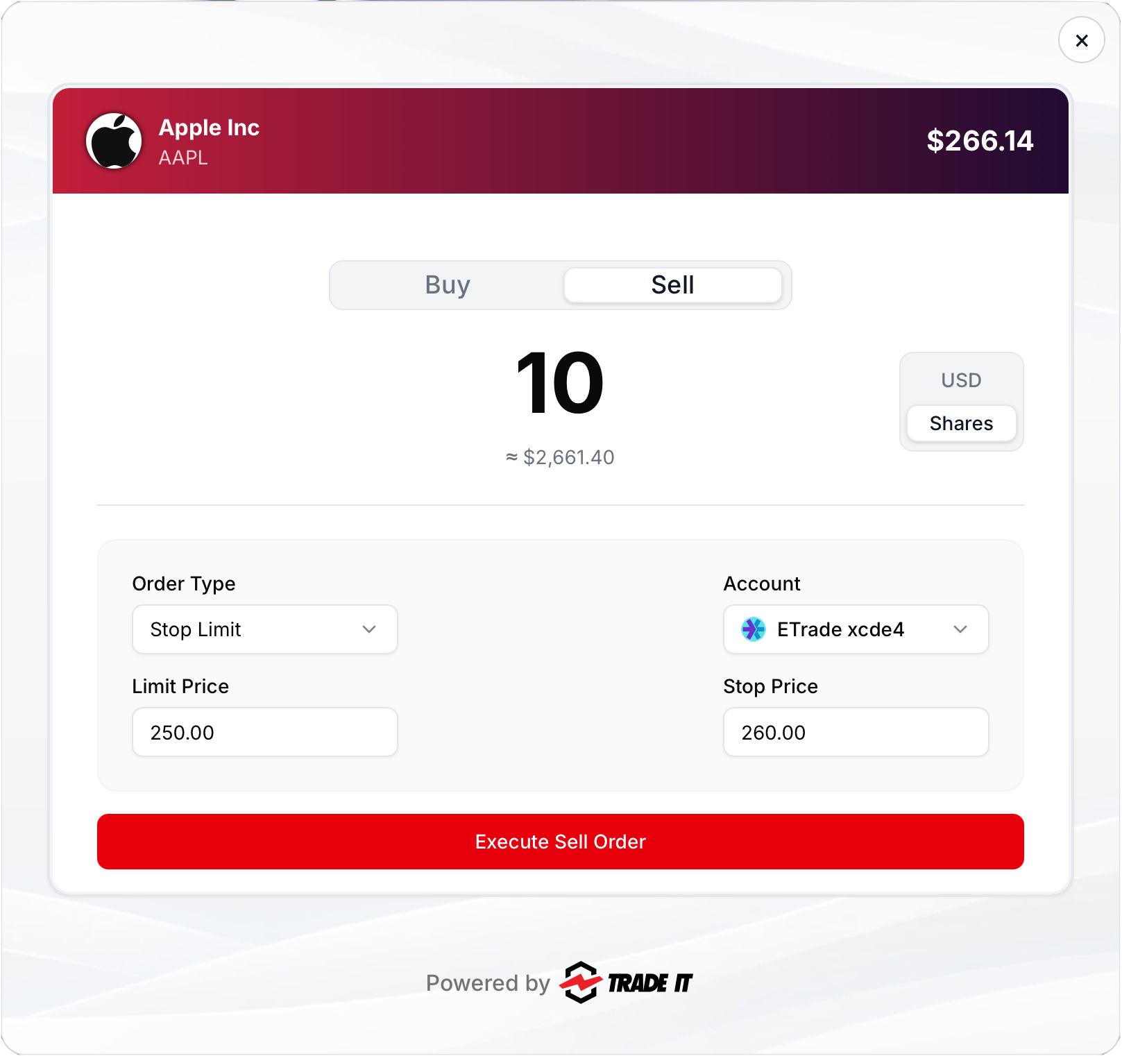 Sell order screen inside the Trade It trade modal