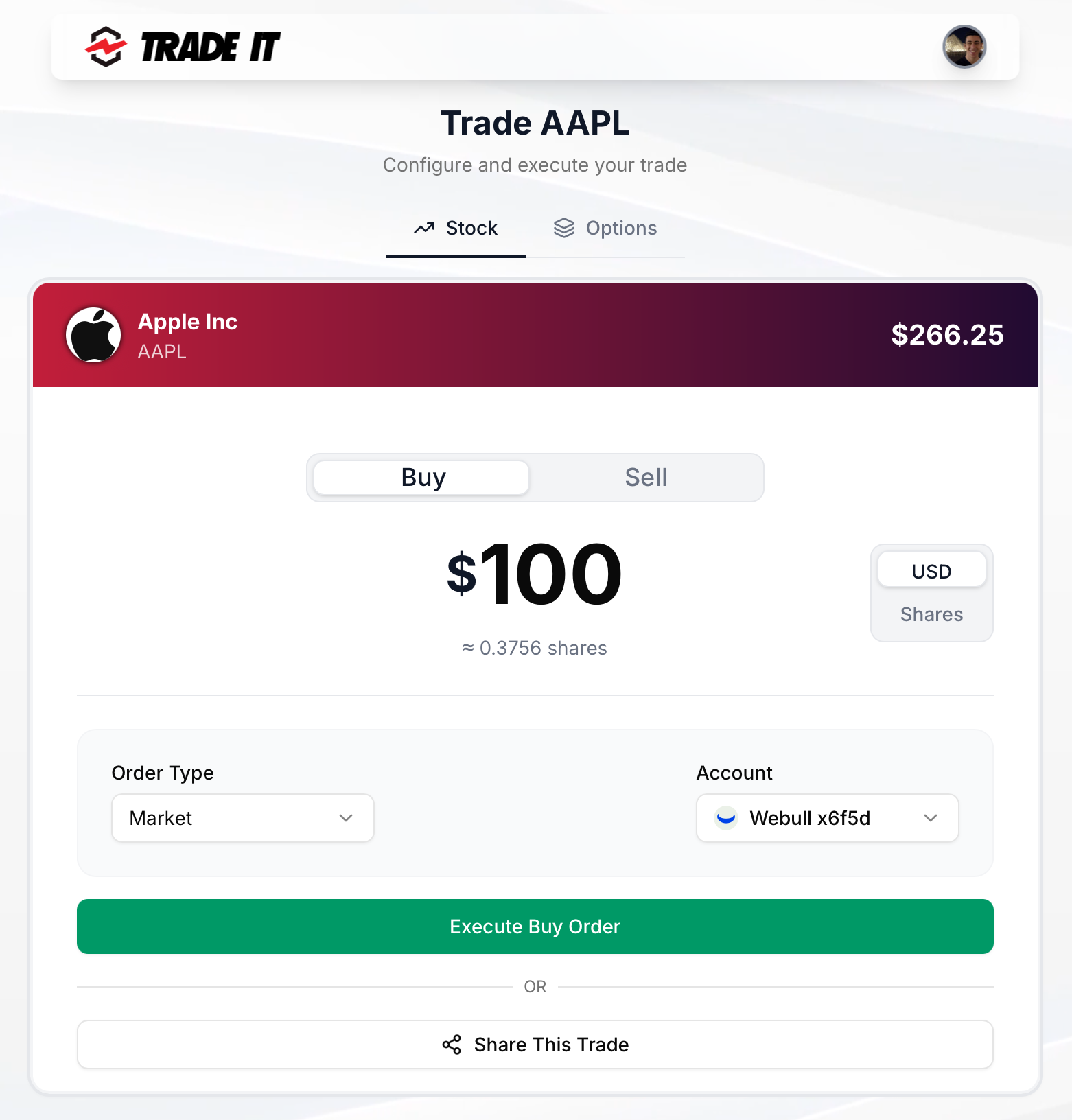 Brokerage selection screen inside the Trade It connect modal