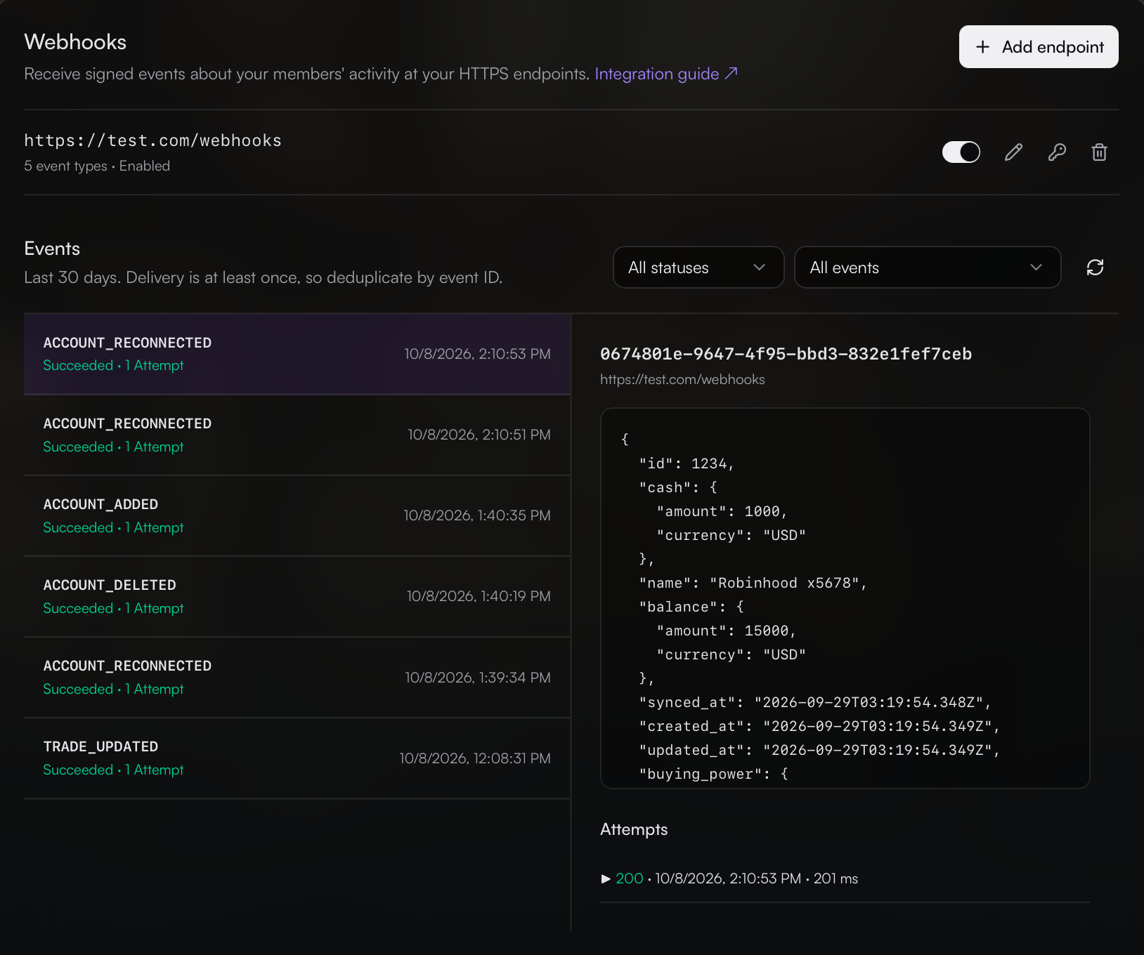 Partner portal Webhooks tab with one endpoint, its event log, and the payload and delivery attempt of an ACCOUNT event